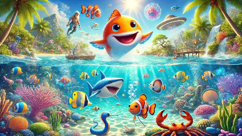 Layar permainan tembak ikan dengan suasana laut biru