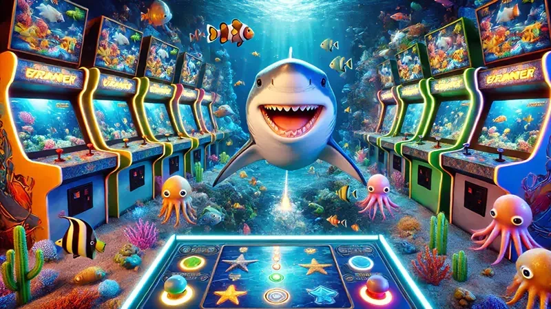 Adegan sasaran ikan dan meriam dalam permainan arcade