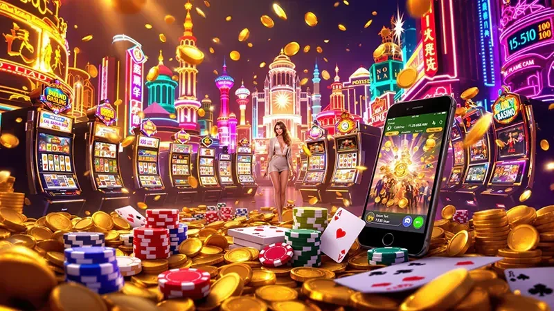 Layar video slot dengan reel, simbol bonus, dan latar permainan